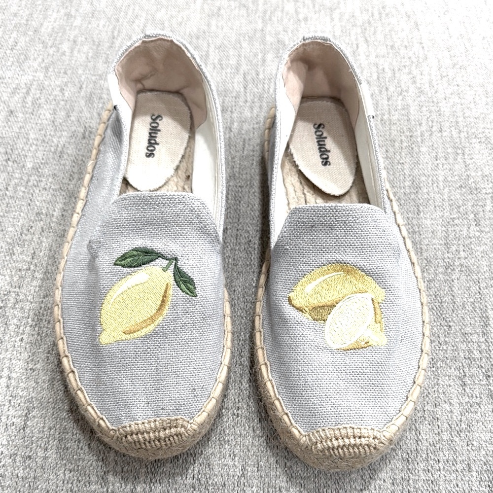 Soludos Espadrilles with Lemon Embroidery whimsical fruit print pattern